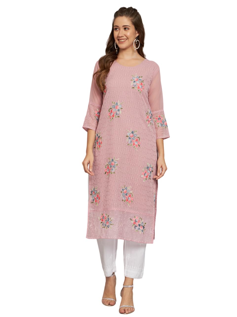 Ekasya WomenS Georgette Straight Cut Round Neck Kurta With Beautiful Floral Embroidery Work - Elegant Design, Comfortable Fit, 