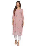 Ekasya WomenS Georgette Straight Cut Round Neck Kurta With Beautiful Floral Embroidery Work - Elegant Design, Comfortable Fit, 