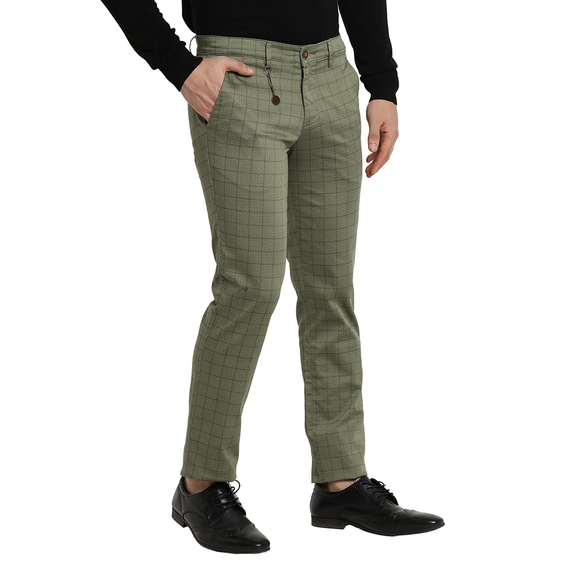 Turtle Men Cotton Stretch Ultra Slim Fit Flat Front Olive Checkered Casual Trouser