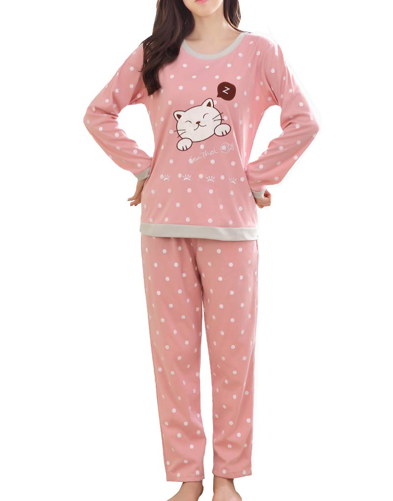 Vopmocld Big Girls Long Sleeve Sleepwears Cute Sleepy Cat Polka Dots Pajamas Loungewears, Pink, L(14)=US 1113 Years 1411-13