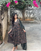 ANNI DESIGNER Womens Rayon Blend Anarkali Printed Kurta with Pant & Dupatta (Sanjini Green_L_Green_Large)