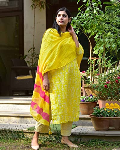 ANNI DESIGNER Womens Cotton Blend Printed Straight Kurta with Pant & Dupatta Pack of 2 (Combo-BAGRU-Yellow-April-Sky Blue_M_Mul