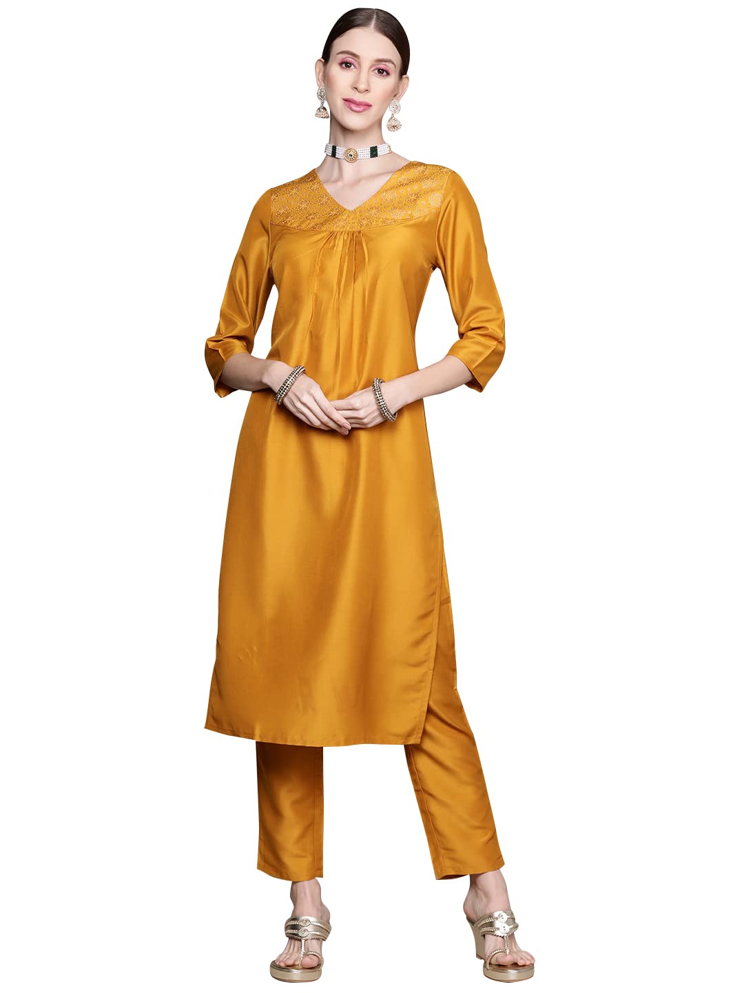 Ziyaa Women'S Mustard Chinon Straight Kurta And Pant Set(Zikuch3779Andpa-S)