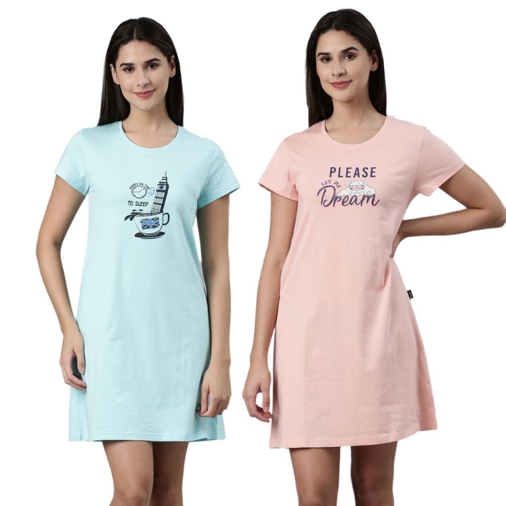 Pepe Jeans Cotton Knee Length Nighty, Nightdress, Gown For Women | Comfortable Soft Printed Sleepwear - Blossom|Mint - M (Pack O