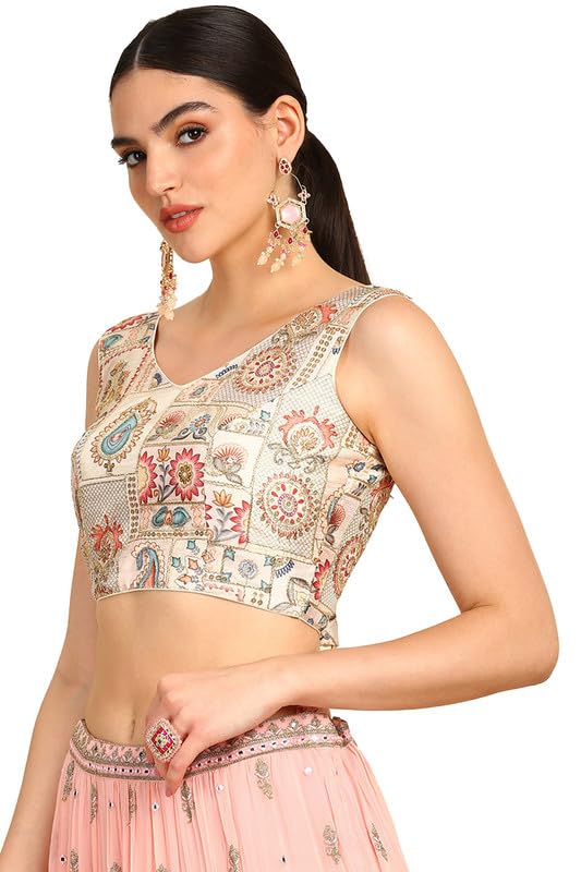 Soch Womens Cream Floral Print Art Silk Padded Blouse With Zari Work