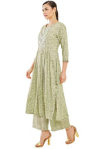 Soch Womens Sap Green Rayon Pleated Printed Kurta Set With Palazzo And Embellishments