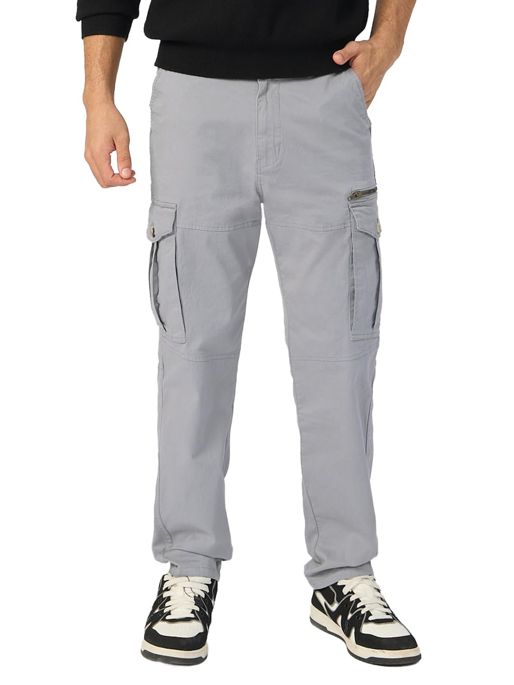 The Souled Store Solids: Stone Grey Men and Boys Straight Fit Cargo Pants Solid Pants