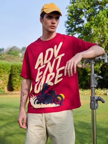 Bewakoof MenS Graphic Print Oversized Fit Half Sleeve Round Neck Cotton T-Shirt Red
