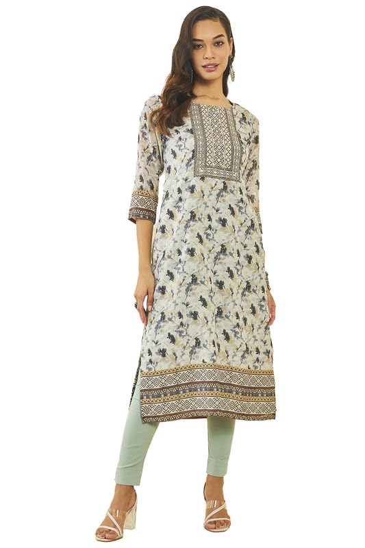 Soch Women Chanderi Floral Print Round-Neck Straight Kurta with Pocket