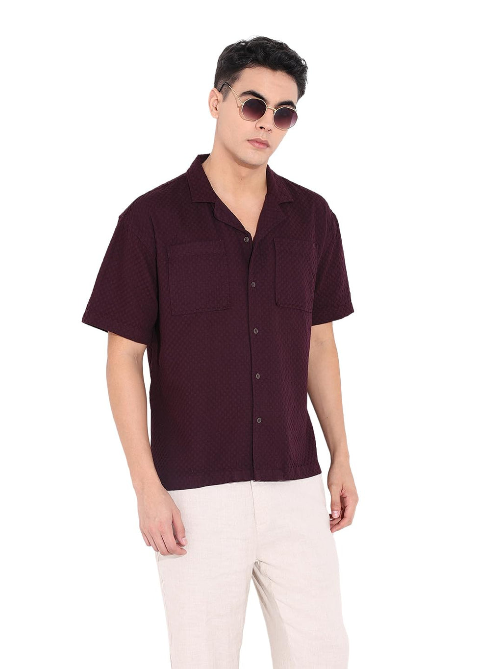 The Indian Garage Co Mens Relaxed Fit Geometric Print Cuban Collar Half Sleeves Resort Sweater