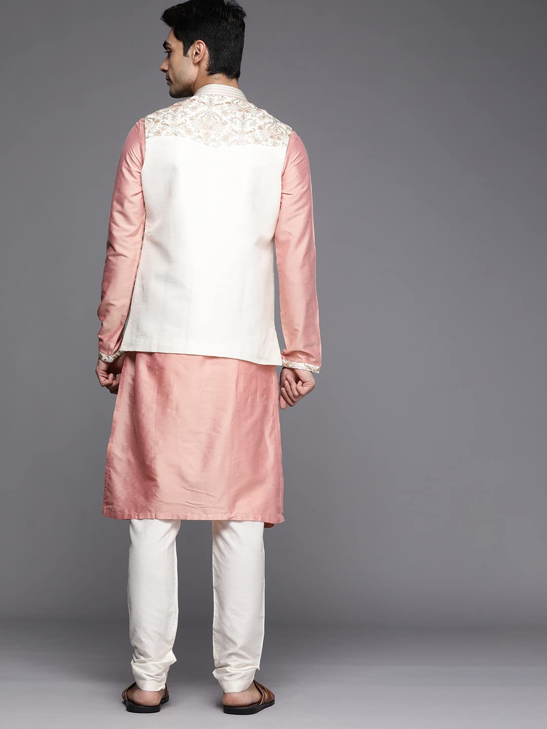 Manyavar Kurta Jacket Set For Men, Full Sleeves Mandarin Collar Ethnic Wear Jacket Set For Festival, Wedding, Party Blended Visc