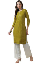 Soch Womens Olive Rayon Embroidered Straight Kurta With Sequins