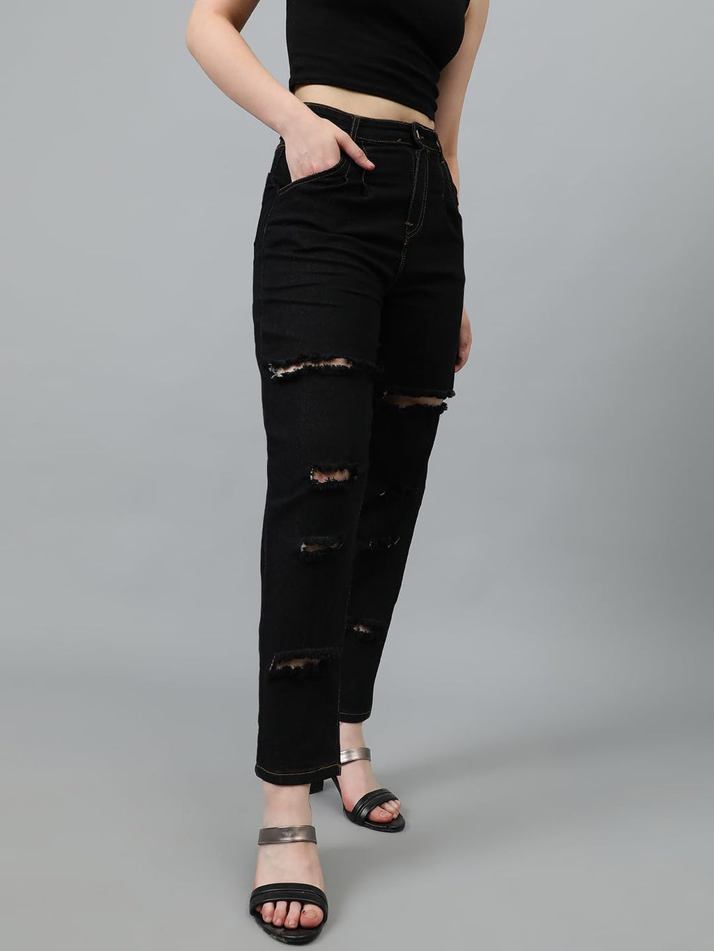 Kotty Women High Rise Cotton Lycra Distressed Jeans Jet Black