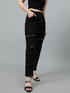Kotty Women High Rise Cotton Lycra Distressed Jeans Jet Black