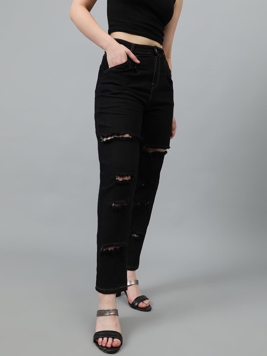 Kotty Women High Rise Cotton Lycra Distressed Jeans Jet Black
