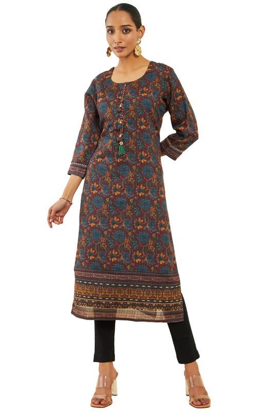 Soch Women Poly Cotton Kurta with Kalamkari Print and Tassels