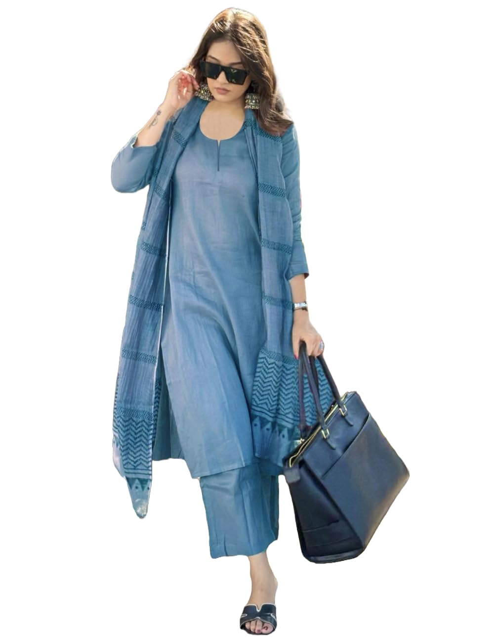 ANNI DESIGNER Womens Rayon Blend Straight Solid Kurta with Pant & Dupatta (Raja Saab Light Blue_L_Light Blue_Large)