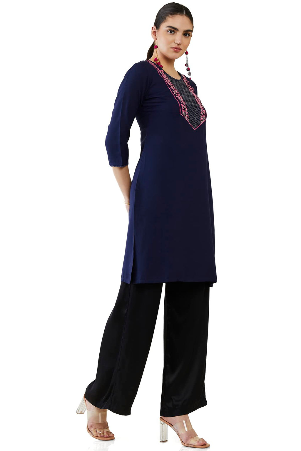 Soch Women Navy Blue Rayon Embroidered Kurta