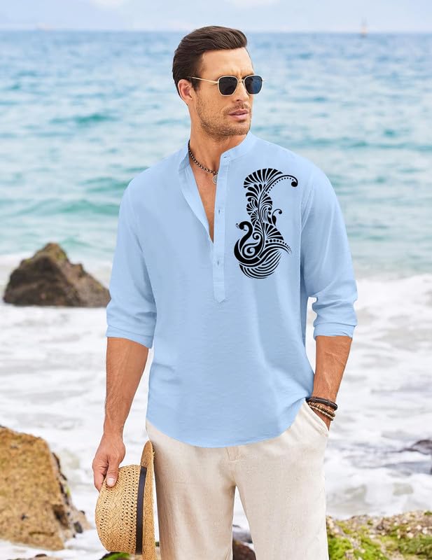 Finivo Fashion MenS Printed Cotton Blend Short Kurta With Artistic Chest Design | Stylish Full Sleeve Casual Kurta With Mandarin