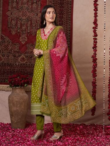 ANNI DESIGNER Womens Rayon Viscose Printed Straight Kurta with Pant & Dupatta (Subhi Mehandi-VKS04_XL_Mehandi_X-Large)