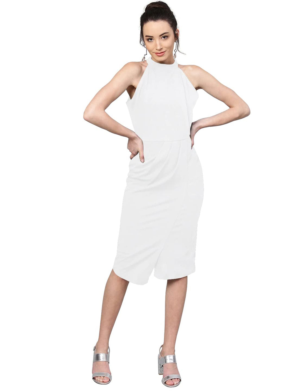 Shasmi Polyester Blend Bodycon Knee-Length WomenS Elegant Halter Neck Pleated Flounce Sleeveless Midi Dress (Dresses For Tops_W