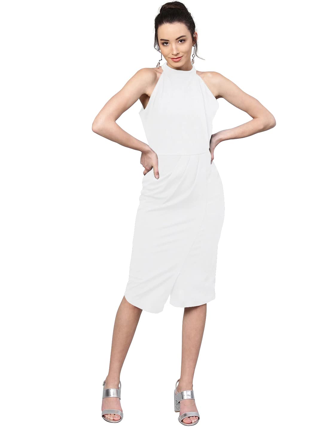 Shasmi WomenS Comfortable White Halter Neck Sleeveless Solid Midi Bodycon Casual Western Stylish Dress For Womens/Midi Dress Fo