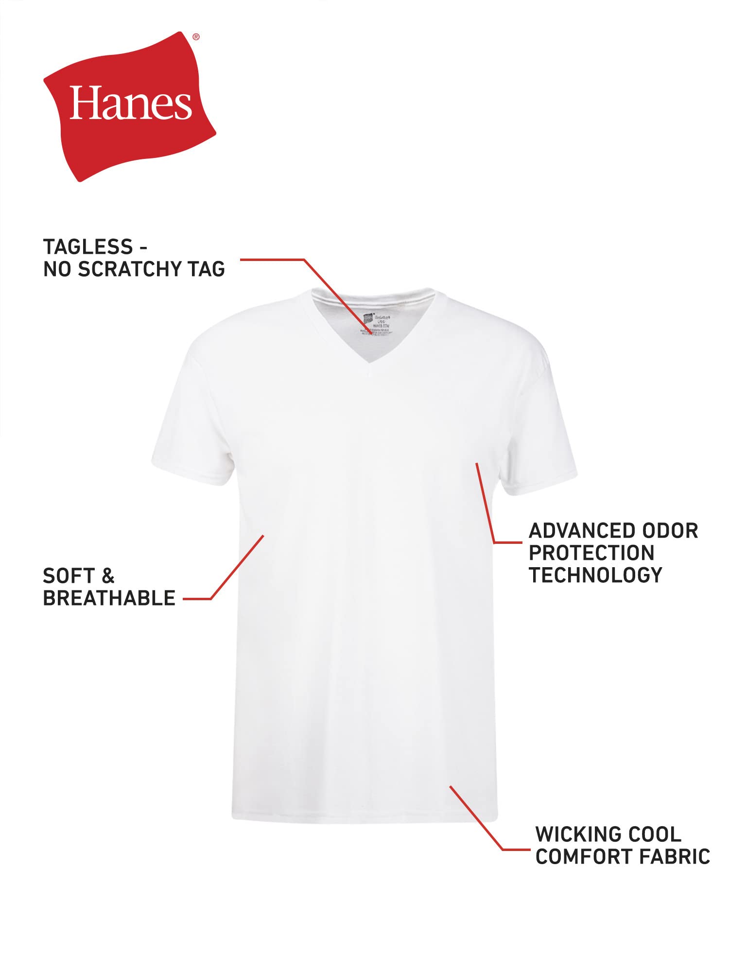 Hanes Mens Cotton, Moisture-wicking V-neck Tee Undershirts, Multiple Packs And Colors, White - 6 Pack, Small US