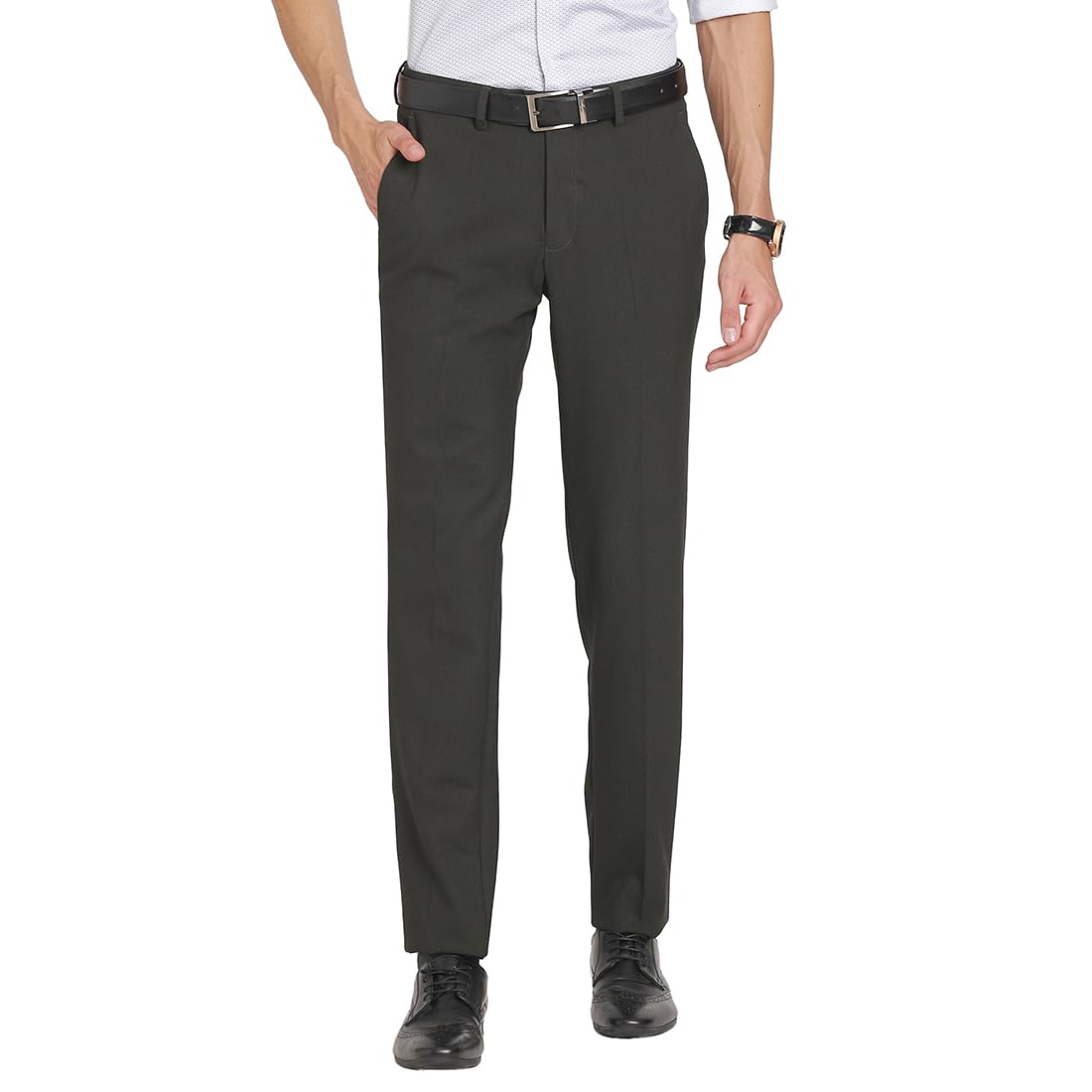 Turtle Men Cotton Stretch Slim Fit Flat Front Charcoal Grey Dobby Print Formal Trouser