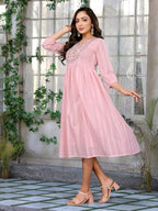 Rangita Women Pink Cotton Embroidered Flared Calf Length Dress_S