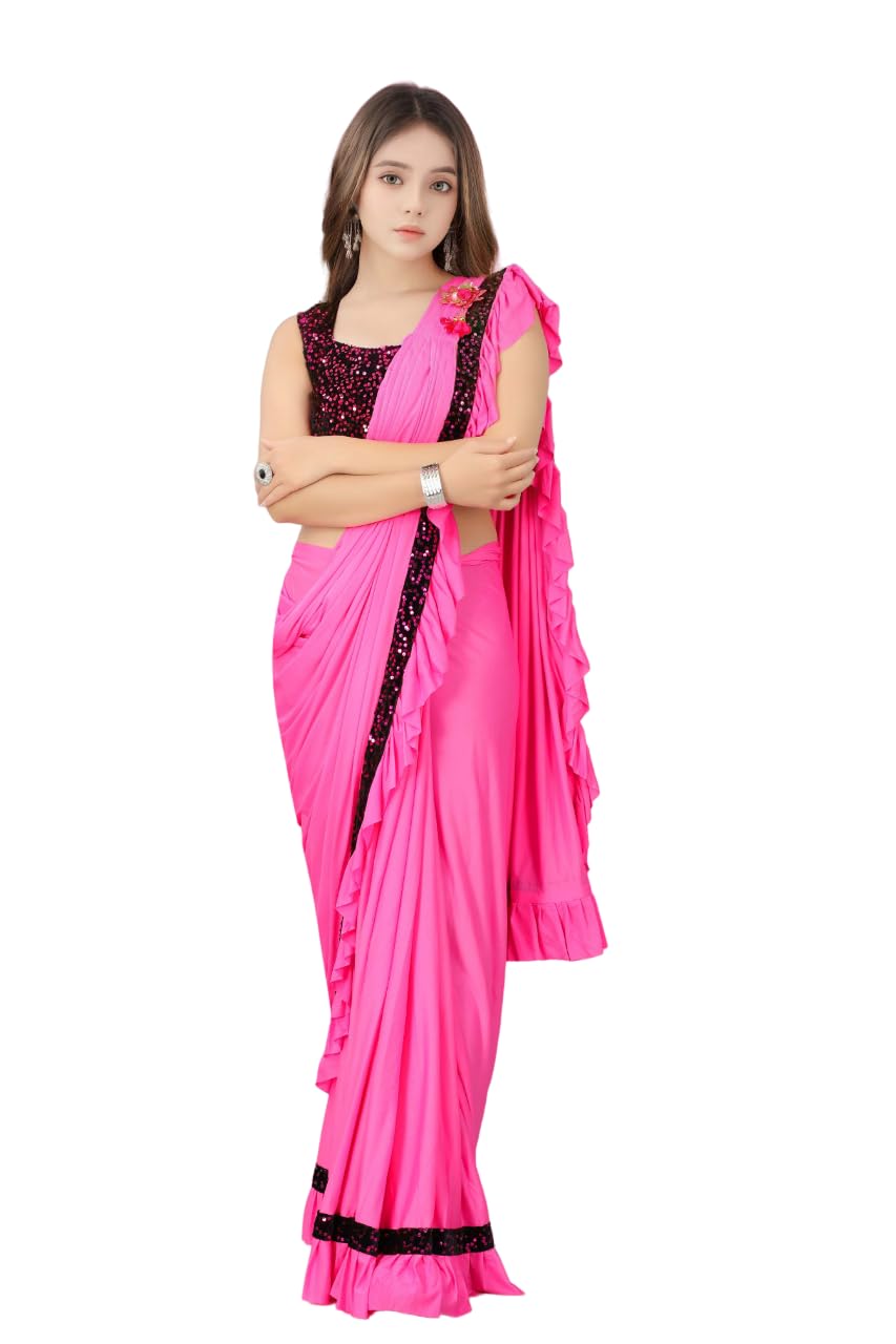 Dhyey Fashion Fashionable Baby Girls Lycra Blend Saree With Velvet Unstitched Blouse Piece | Readymade Saree For Girls | Sarees