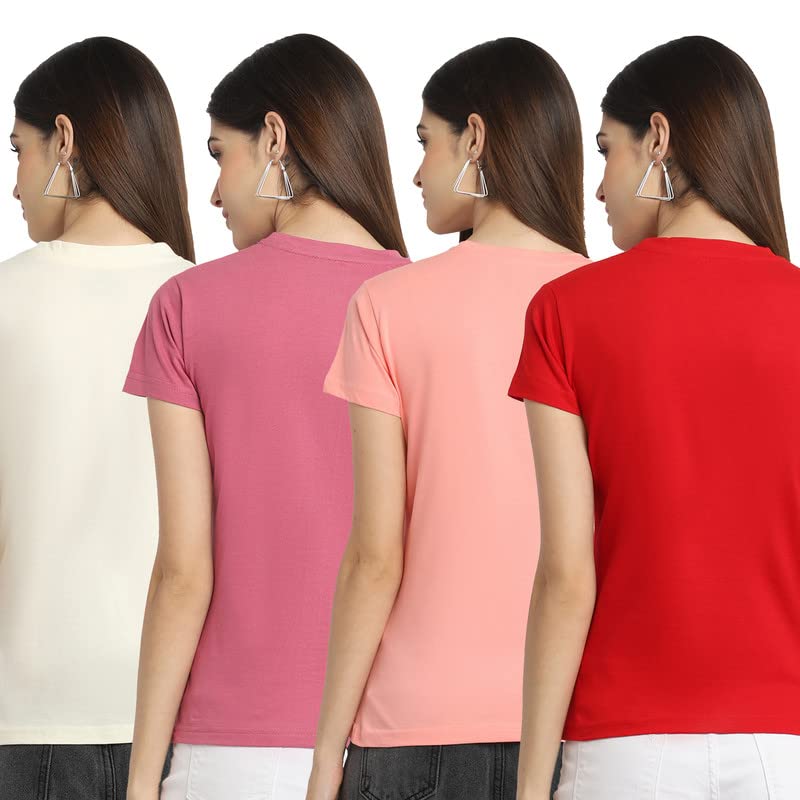 Preneum Womens Cotton Regular Fit Latest Graphic Stylish Printed Short Sleeves Casual T-Shirt || Latest Style (Pack 4), Beige &