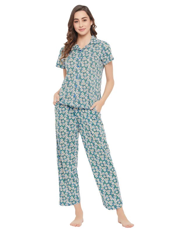 Clovia Womens Cotton Pretty Floral Button Down Shirt & Pyjama Set in Blue (LS0025Q03_Blue_M)