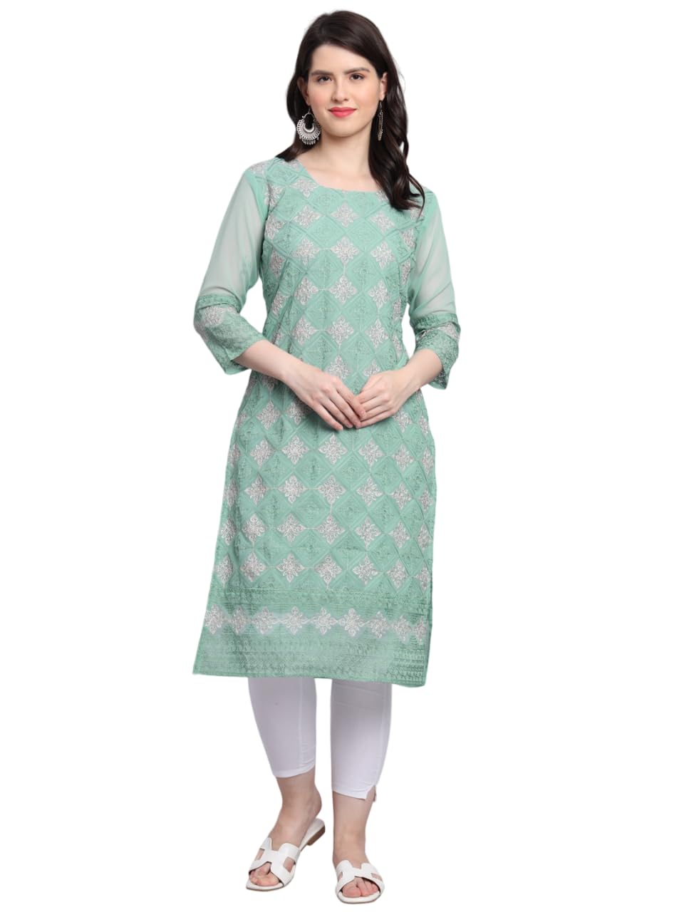 Ekasya Womens Georgette Straight Cut Sweetheart Round Neck Kurta with Beautiful Lucknowi Chickenkari Embroidery Work (E1606) Li