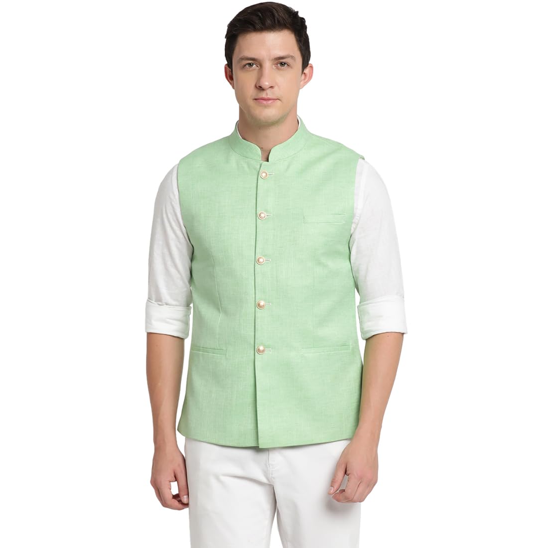 Turtle Men Poly Cotton Solid Pista Green Nehru Jacket