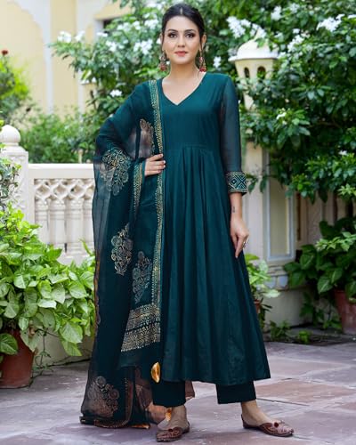 ANNI DESIGNER Womens Rayon Blend Solid Anarkali Kurta with Pant & Dupatta (Magic-KEROSIN_XXL_Dark Blue_XX-Large)
