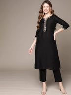 Anubhutee WomenS Cotton Black Ethnic Motifs Zari Work Embroidered Straight Kurta Suit Set With Trousers