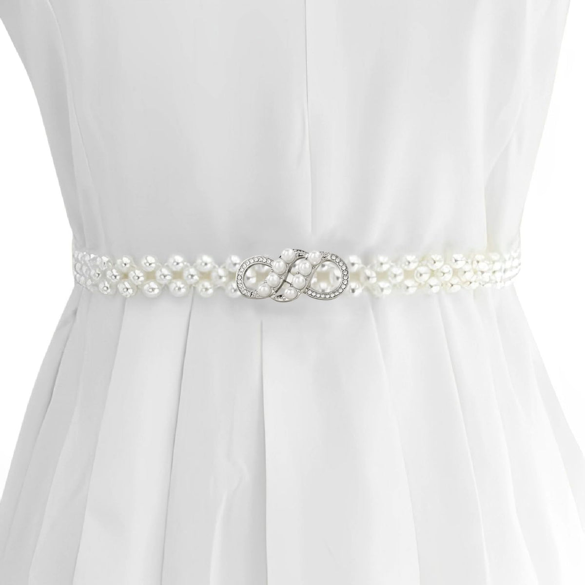 Syga WomenS Pearl Waist Chain With Silver Infinity Pearl Crystal Buckle  Stretchable Kamarband Suitable Size For Waist 2434 I 24-32