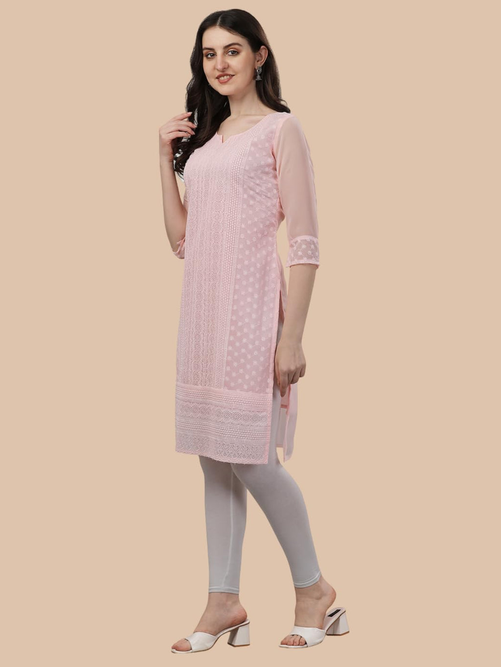 Trillmixa WomenS Georgette Chikankari Embroidery Knee-Length Kurti