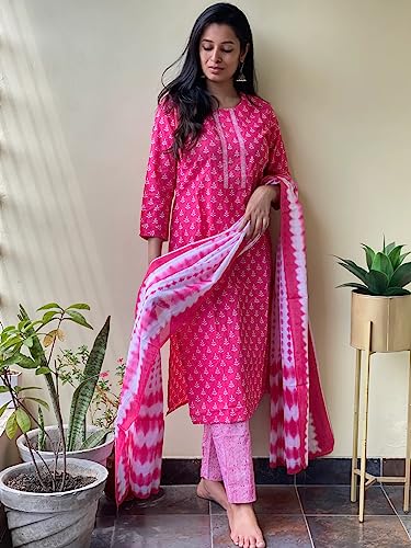 ANNI DESIGNER Womens Cotton Blend Straight Printed Kurta with Pant & Dupatta (Noor Pink-SM_S_Pink_Small)