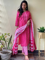 ANNI DESIGNER Womens Cotton Blend Straight Printed Kurta with Pant & Dupatta (Noor Pink-SM_S_Pink_Small)