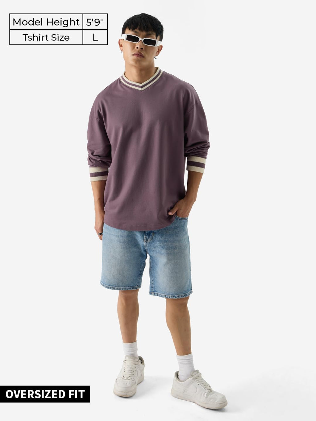 The Souled Store Solids: Mauve Men and Boys 100% Cotton V-Neck Oversized Fit Full Sleeve T-Shirts Oversized Mens T-Shirts Solid