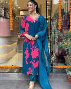 ANNI DESIGNER Womens Cotton Blend Straight Printed Kurta with Pant & Dupatta (PROTIN-CEROSIN_M_Blue_Medium)