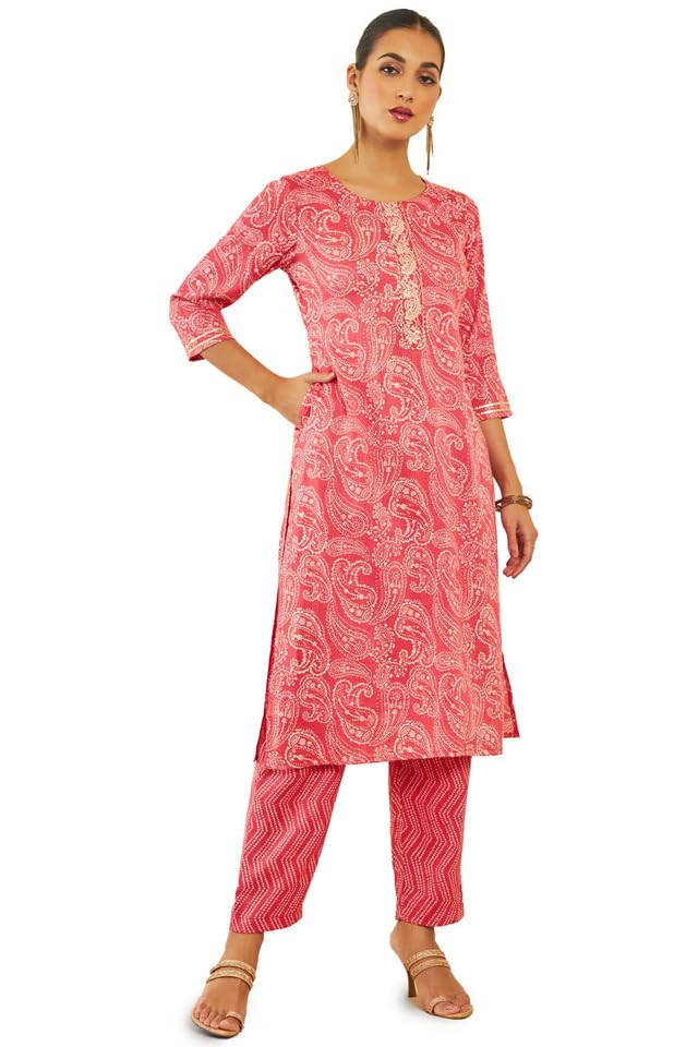 Soch Womens Pink Rayon Paisley Print Round-Neck Straight Kurta Set