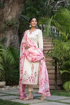 ANNI DESIGNER Womens Cotton Blend Straight Embroidered Kurta with Pant & Dupatta (BHAVI Cream_3XL_Cream_XXX-Large)