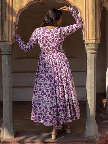 Pinkmint Womens Ethnic Muslin Anarkali Long Sleeve Kurta Set Pant with Dupatta l Traditional Suit for Fetive, Wedding Weat Purp