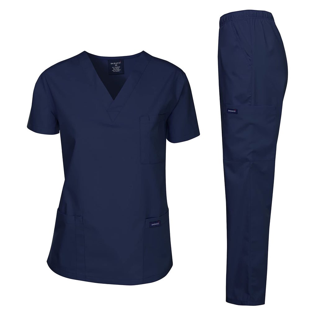Dagacci Medical Uniform Woman and Man Scrub Set Unisex Medical Scrub Top and Pant, Navy, L
