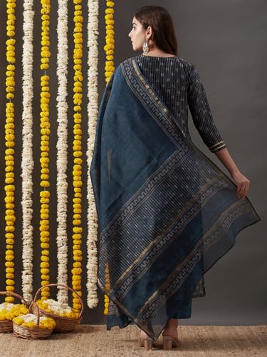 ANNI DESIGNER Womens Cotton Blend Straight Printed Kurta with Pant & Dupatta (Kabala Blue_XXL_Blue_XX-Large)