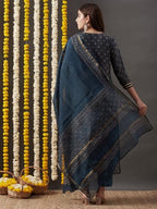 ANNI DESIGNER Womens Cotton Blend Straight Printed Kurta with Pant & Dupatta (Kabala Blue_XXL_Blue_XX-Large)