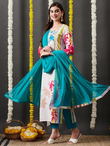ANNI DESIGNER Womens Cotton Blend Straight Printed Kurta with Pant & Dupatta (HIBIKI Cream_XL_Cream_X-Large)
