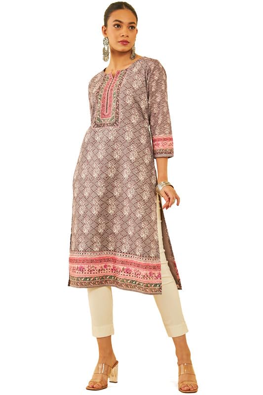 Soch Womens Earth Cotton Ethnic Motif Printed Kurta With Thread Work